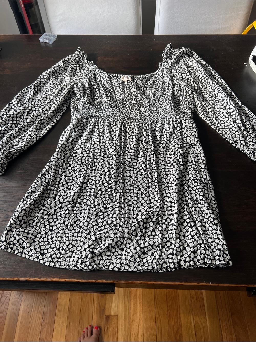 Black and White Floral Long-Sleeve Smocked Dress